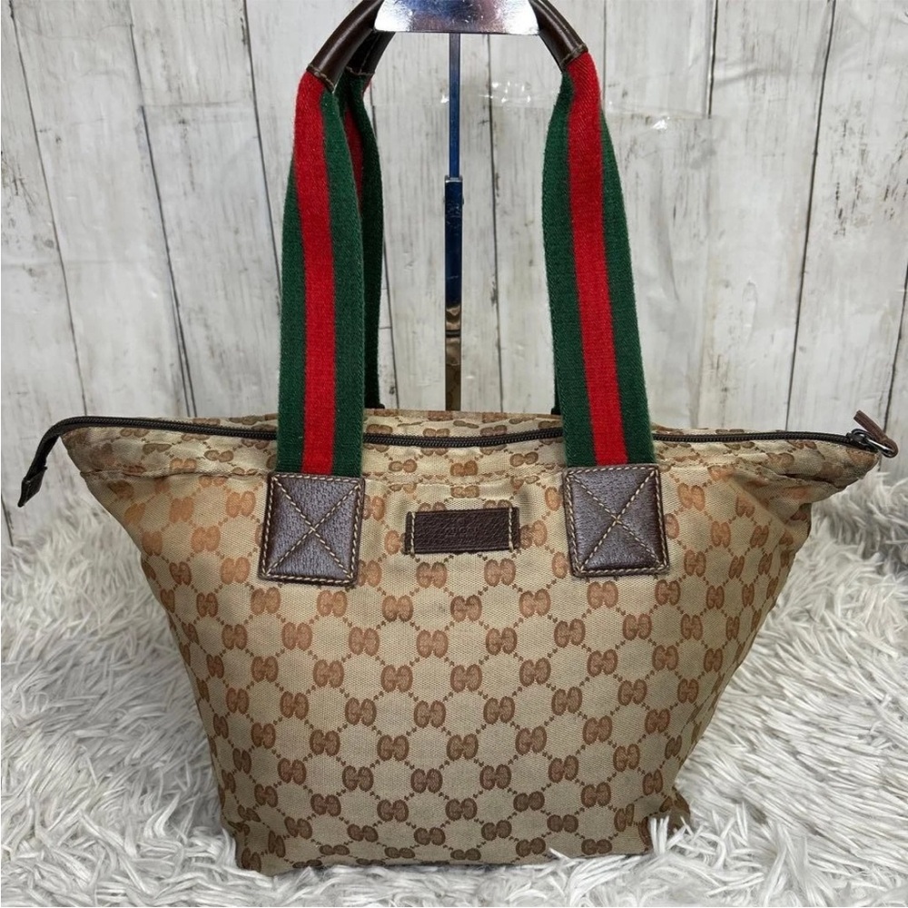 Gucci Monogram Beige Tote with Red and Green Straps